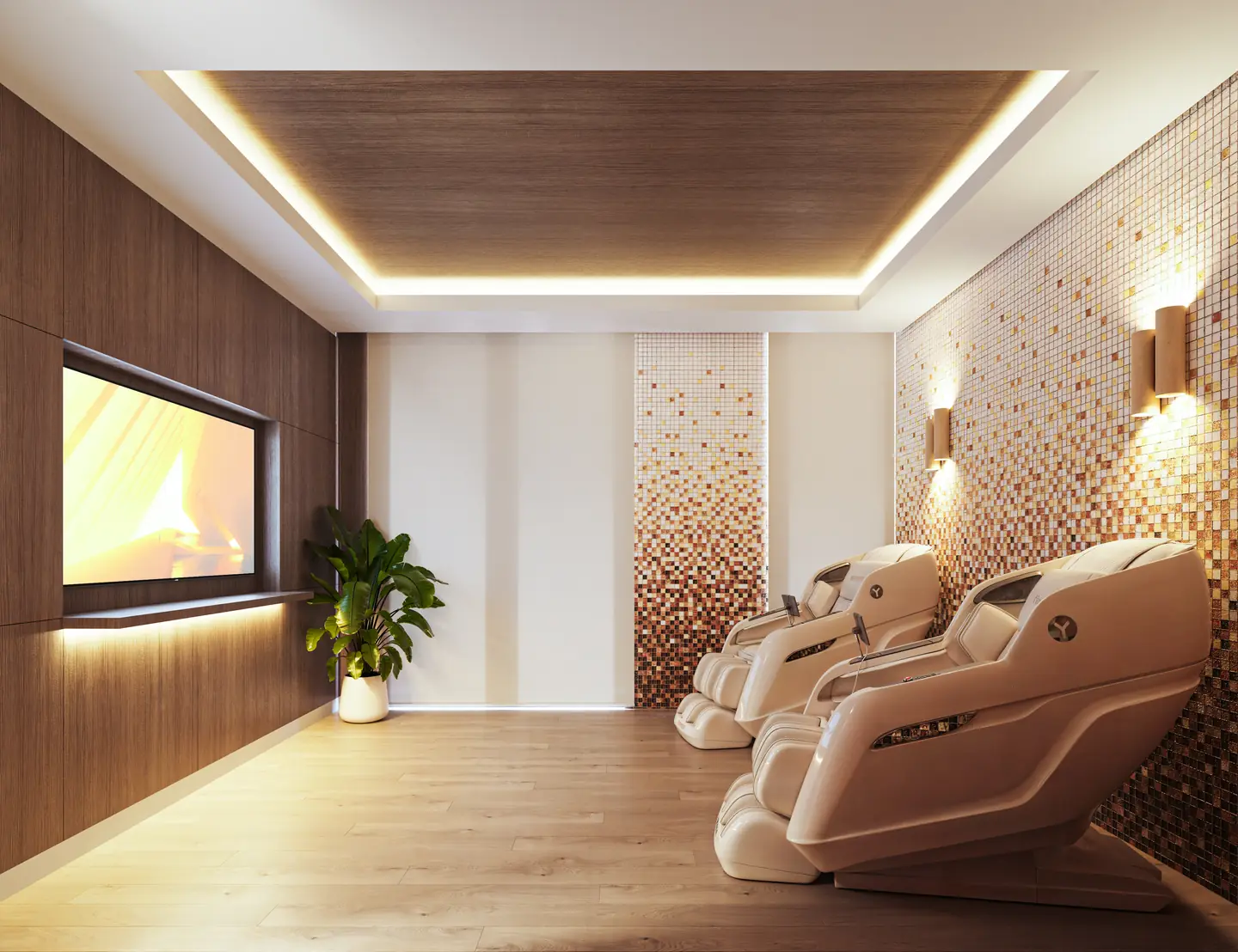 LEV recovery room with massage pods and warm lighting